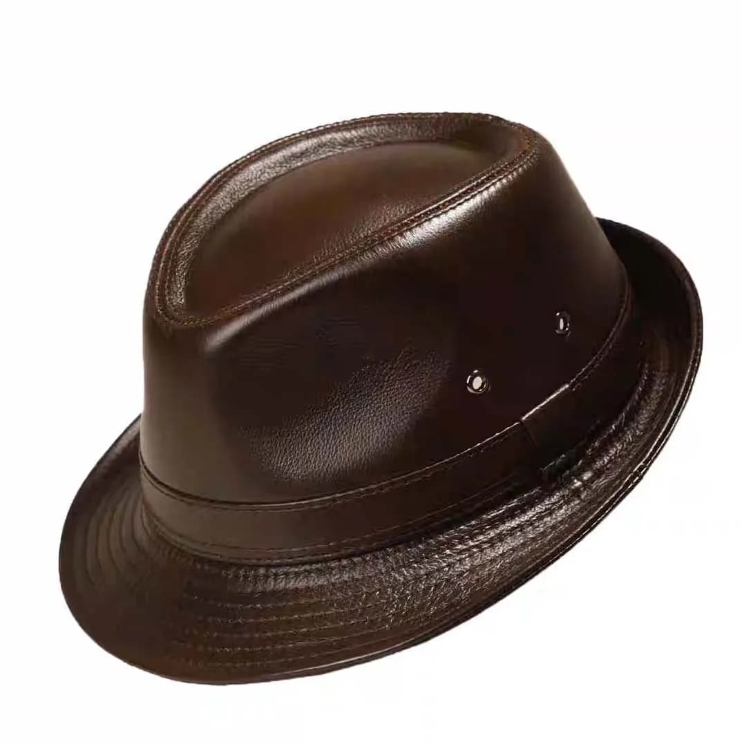 Genuine Leather Cowhide Formal Hat Gentleman Cowhide Short Brim Black/Brown Top Hat Male Shows Gentleman Air Vent Fedora