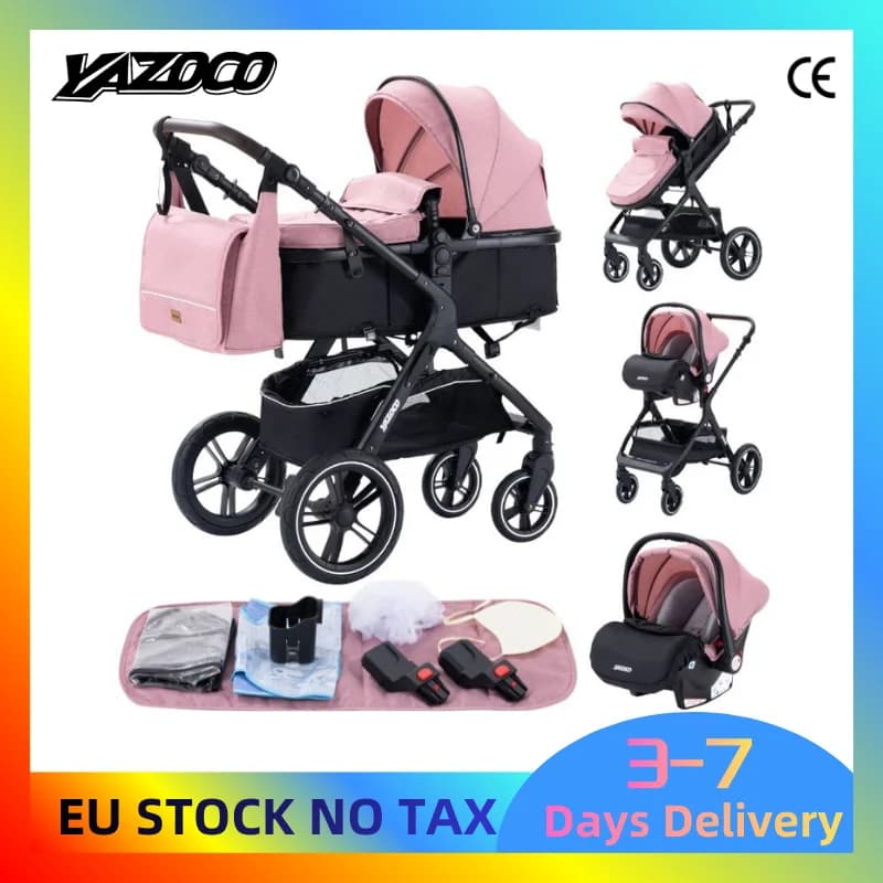 All-in-One 3 In 1 Baby Stroller With Detachable Infant Car Seat Four Wheel Shock Absorption Pushchair Reclining Baby Carriage For Newborn Toddler