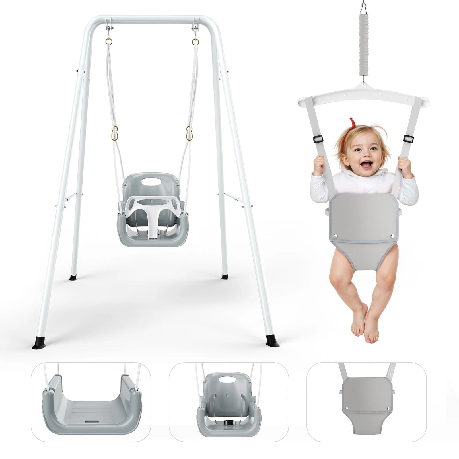 2In1 Baby Swing With Hanging Jumping Seats For Kids, Foldable Indoor/Outdoor Patio Swings Metal Stand For Door Easy To Assemble