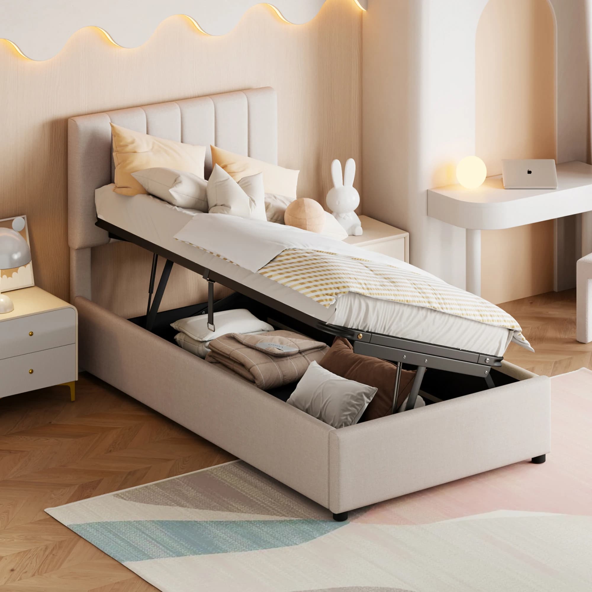 Rosahqnda Children's Bed Upholstered Bed 90X200 Cm, Hydraulic Storage Bed, Skin-Friendly Linen High Box Bed, Beige
