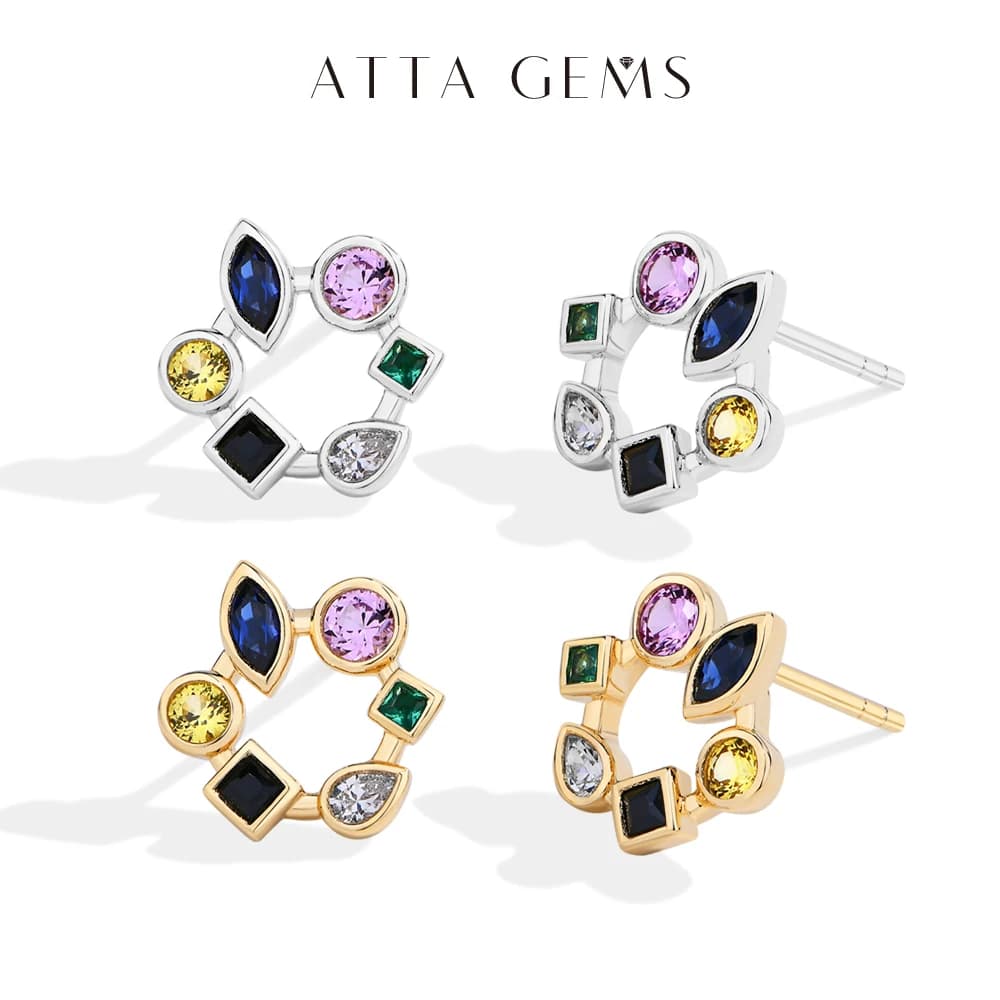 ATTAGEMS 925 Sterling Silver Stud Earring 18K Yellow Gold Plated For Women Girls Sapphire Spinel Zircon Stone Party Jewelry Gift