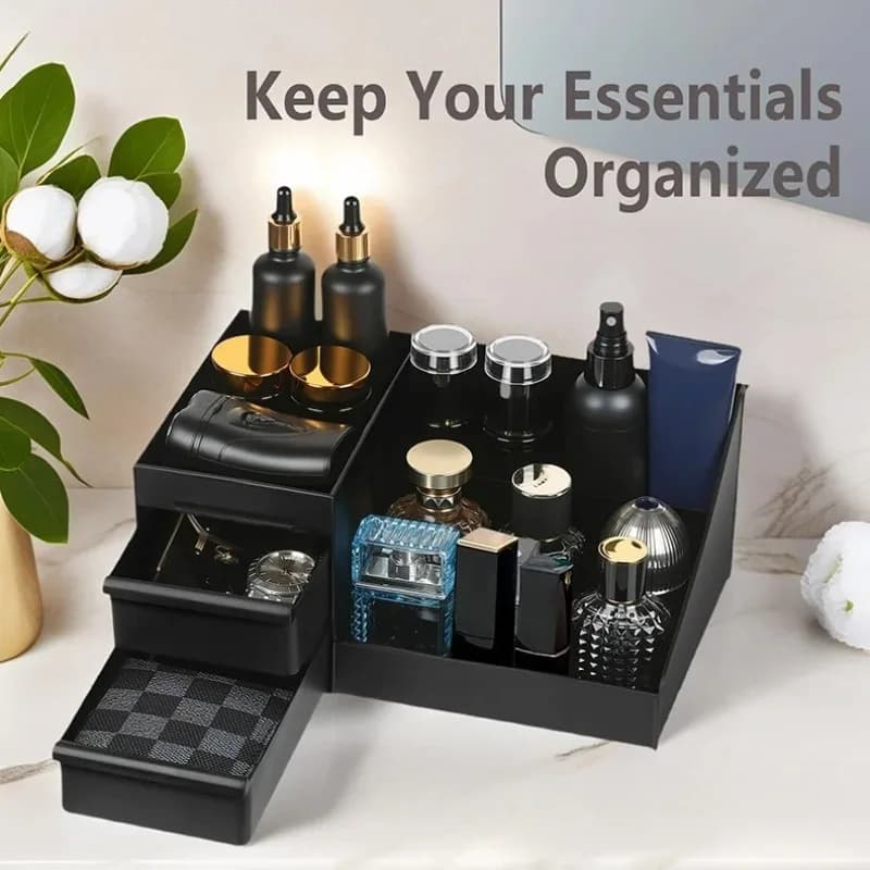 1pc Mens Fragrance Organizer, Perfume & Cologne Stand with Drawers, Modern Bathroom Dresser Top Storage, Counter Tidy