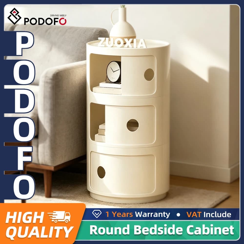 Podofo Three layer Round Bedside Cabinet Modern Furniture Design Multi-Layer Storage Drawer-Type Home Organizer For Bedroom, Living Room & Kitchen
