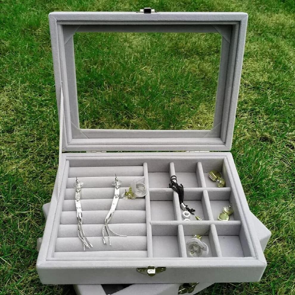 Velvet Glass Jewelry Box Organizer Display Travel Jewelry Case Boxes Rings Earrings Necklace Tray Display Storage Case