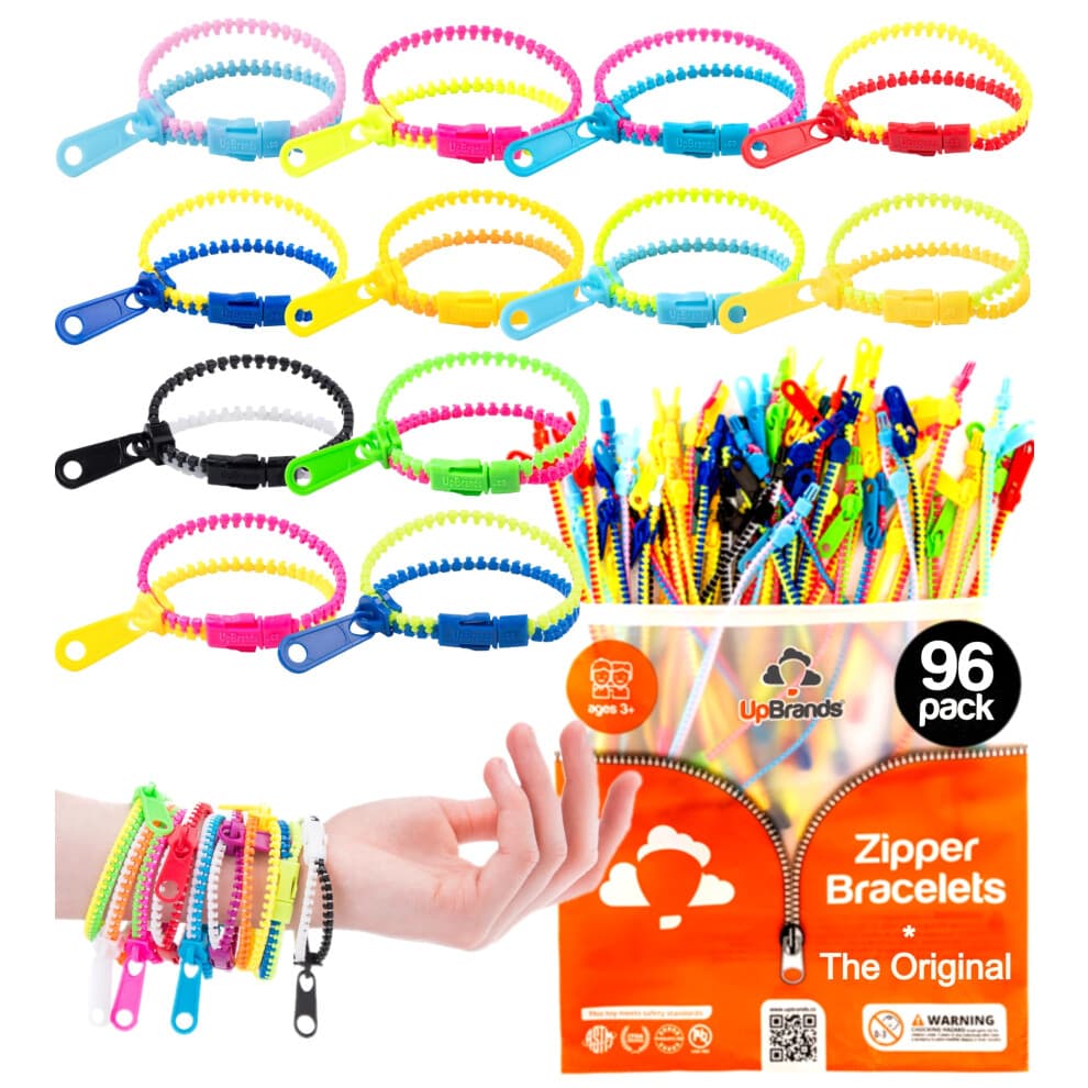 UpBrands 96 Party Favors for Kids Easter Egg Stuffers  Friendship Zipper Bracelets 7.5  Stress Relief Fidget Toys  Kit for Valentines  Birth