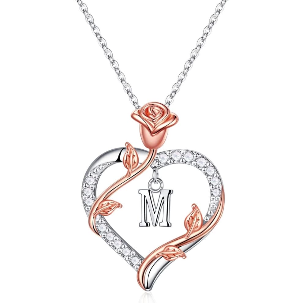 Valentines Day Gifts for Kids Girls - Necklace Gifts for Women Teen Girls Letter M Initial Necklaces Rose Heart Necklace Christmas Anniversary B