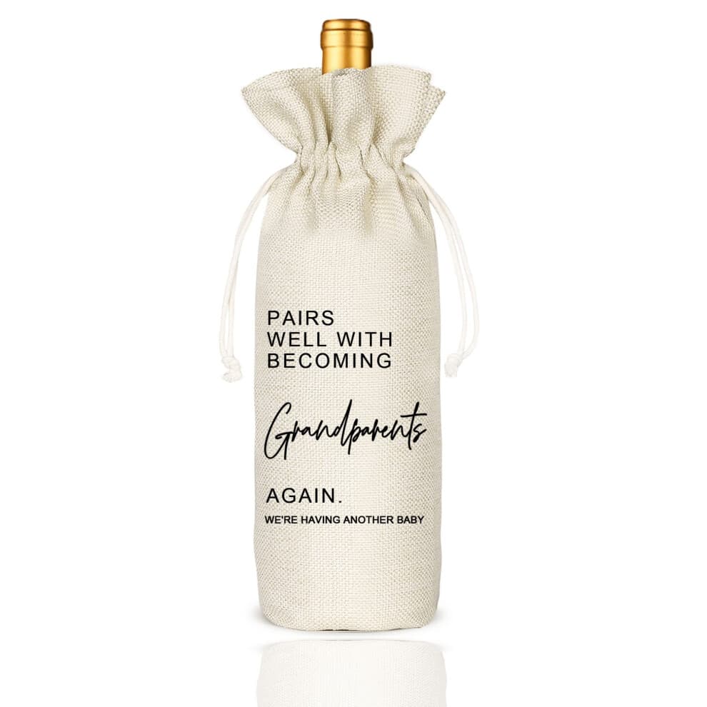 Socive Pregnancy Announcement Gift  Baby Announcement Wine Bags  Pairs well with Becoming Gift for Grndparents - Burlap Drawstring Gift Wine Bag