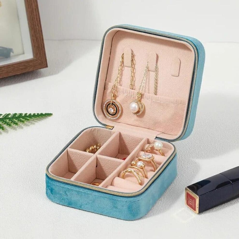 (Blue) Velvet Jewelry Box for Women Necklace Ring Earrings Organizer Holder Travel Portable