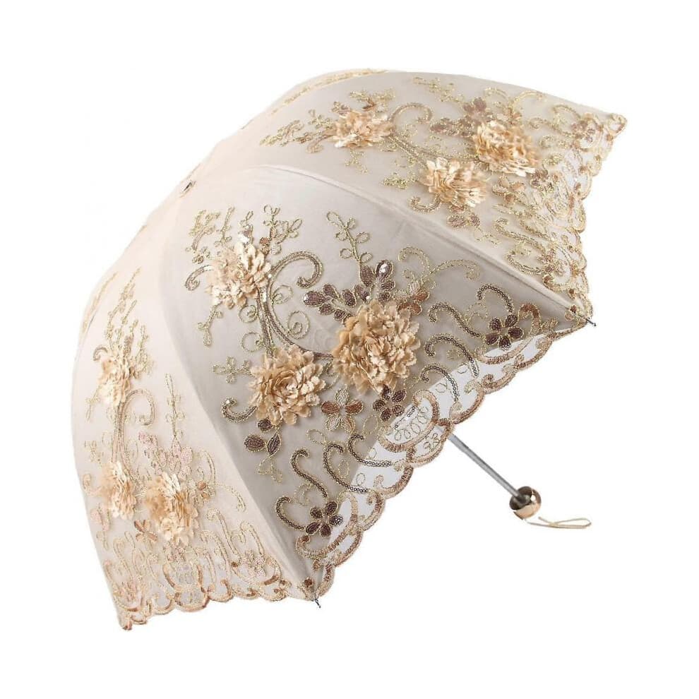 Vintage Lace UV Protection Sun Umbrella Folding 3D Flower Embroidery Umbrella Yellow