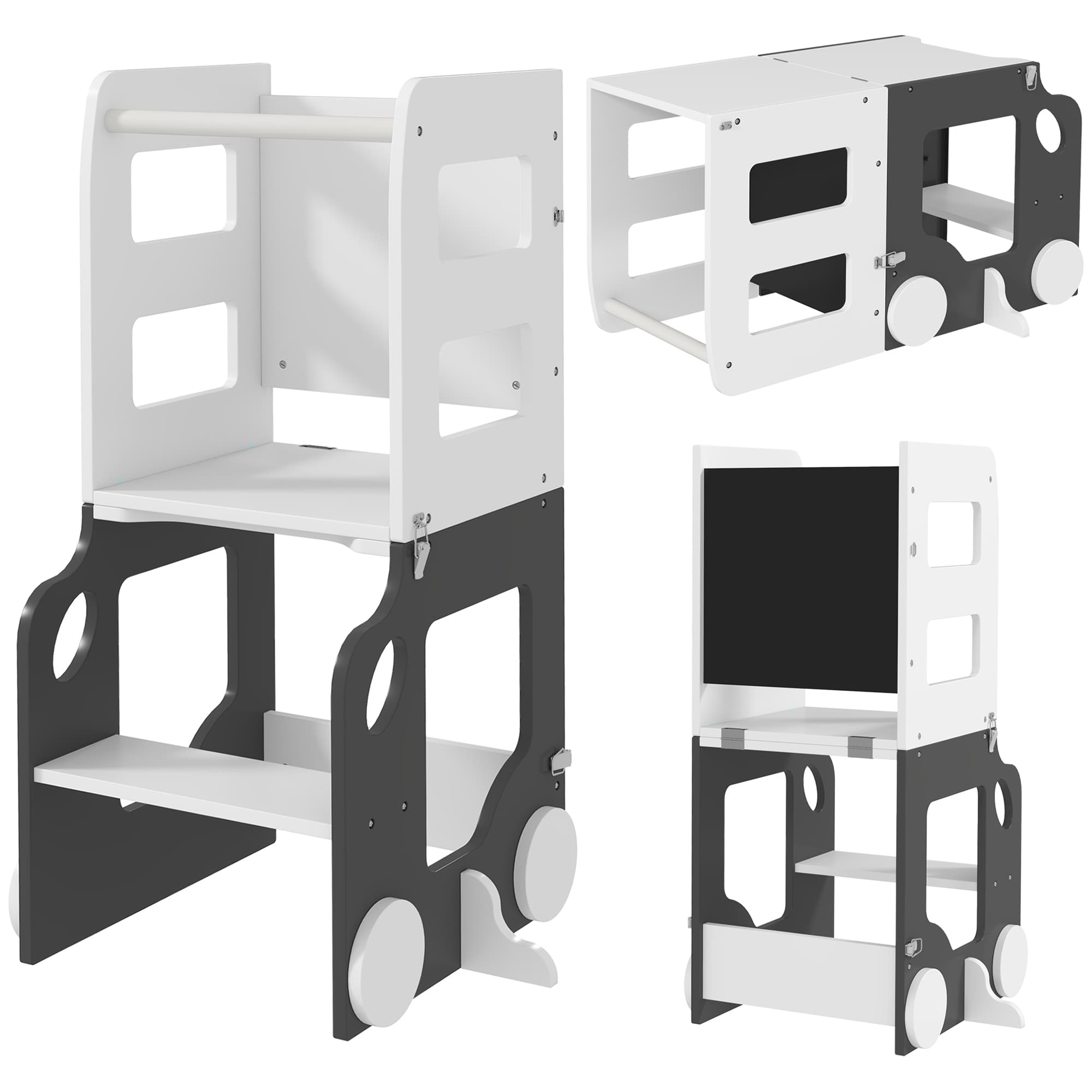 AIYAPLAY Toddler Step Stool, 4 in 1 Standing Tower, Foldable Toddler Step with Safety Rail, for Kitchen, Bathroom, Grey | Aosom Ireland