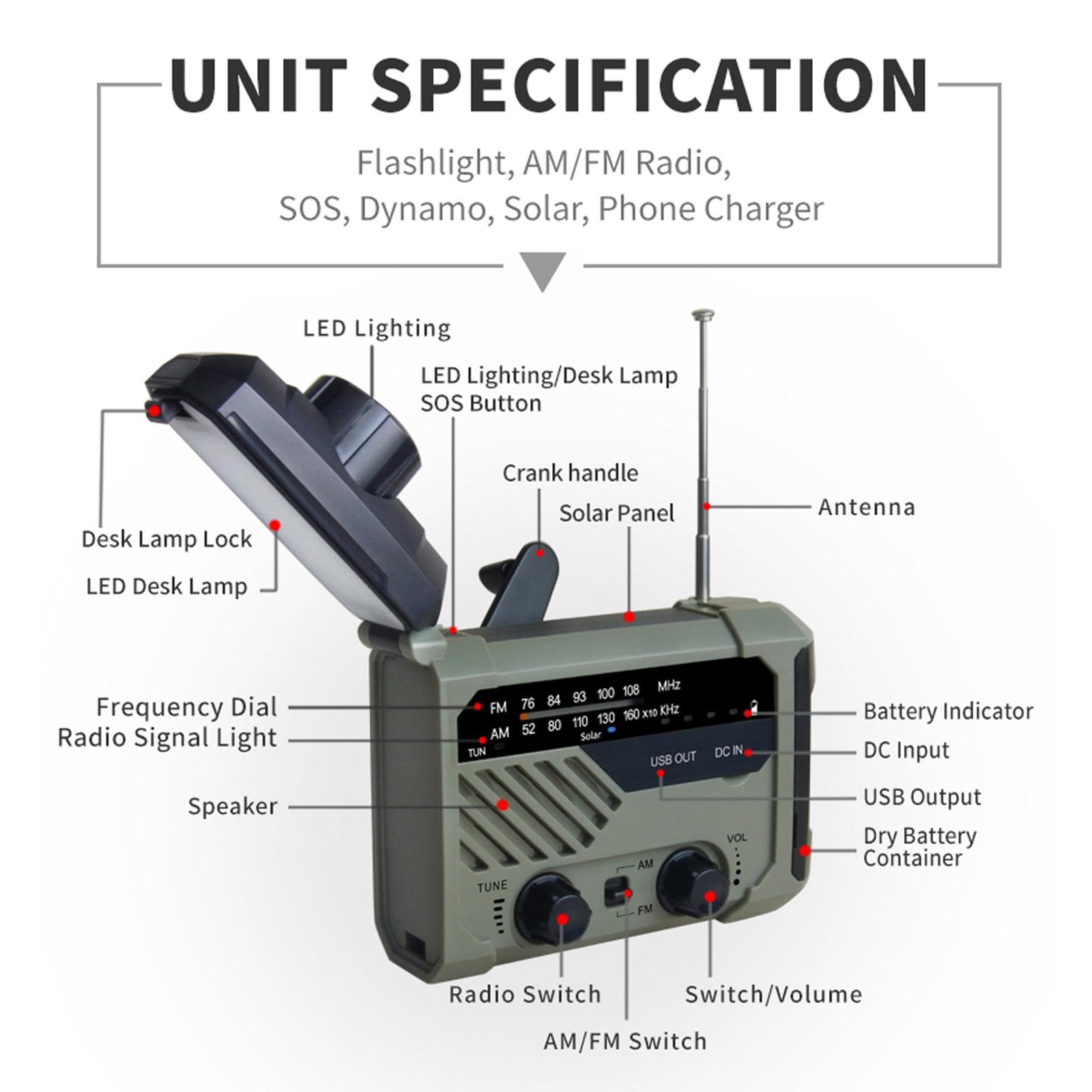 Digital FM AM Radio Outdoor Emergency Lamp Solar Hand Crank Radio Flashlight LED Reading Light SOS green