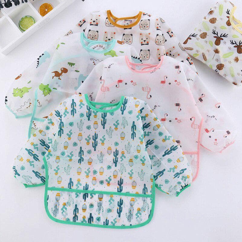Baby Bibs Waterproof Cartoon Print Long Sleeve Apron Kids Feeding Stuff blue