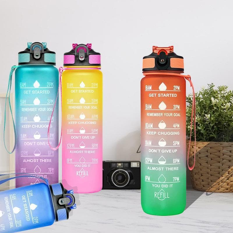 1000ML Water Bottle with Time Stamp, Plastic Sports Water Bottle, Fitness, Outdoor Travel Water Bottle, 1PC black