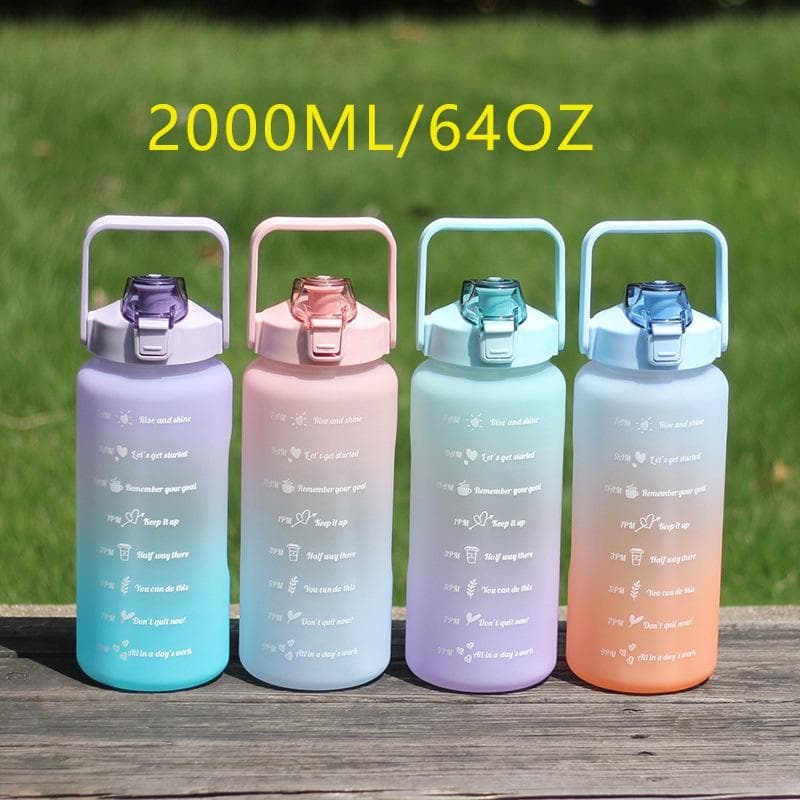 2L Water Bottle with Straw Time Marker Plastic Water Cup Large Capacity Outdoor Sports Bottles purple