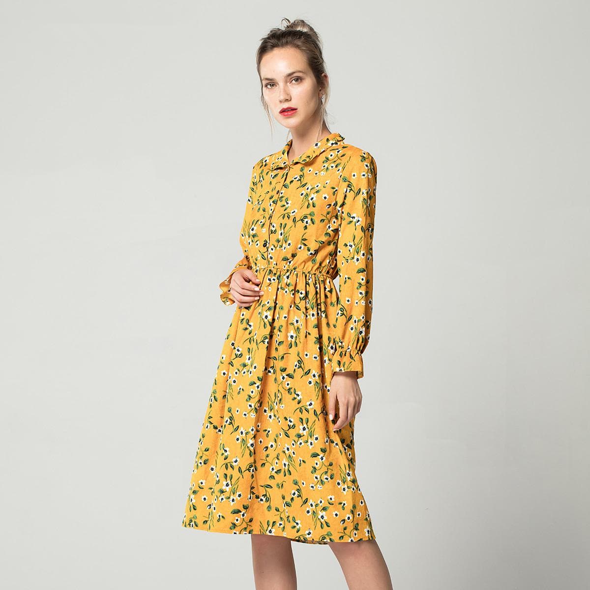 Vintage Collar Long Sleeve Corduroy Floral Dress Women's Party Ruffle Dress Bohemia Print Dress cm