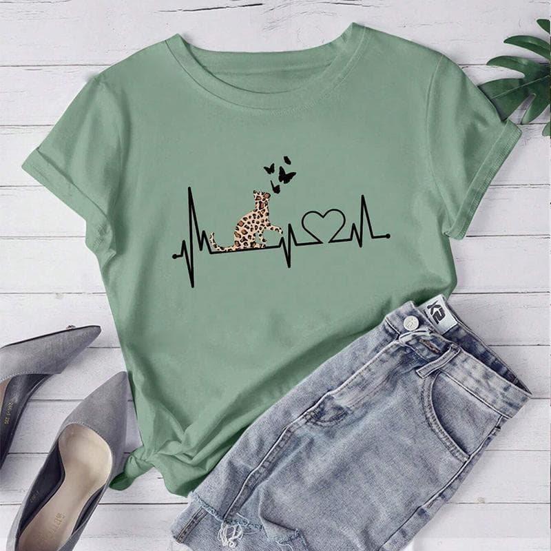 Fashion Women Love Cat Print T Shirt Funny Casual O-neck Short Sleeves T-shirt Summer Female Tee Shirt cm green