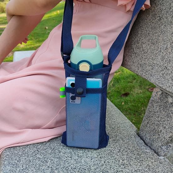 Water Bottle Holder with Adjustable Shoulder Strap Portable Water Bottle Carrier Mesh Bag Outdoor Camping Cycling Crossbody Water Bottle Pouch blue