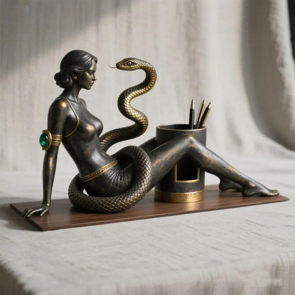 Vintage Pen Holder Retro Desk Organizer with Sexy Woman Design Decorative Pen Cup for Office Bedroom Snake Beauty Holder