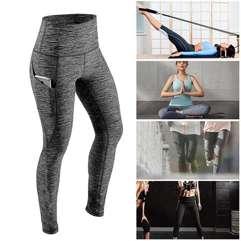 Women Solid Color Fitness Long Pants High Waist Sports Hip Lifting Pants Side Pocket Running Yoga Leggings cm dark grey