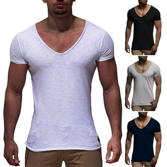 Men T-shirt Short Sleeves V Neck Solid Color Soft Slim Fit Mid Length Elastic Casual cm grey
