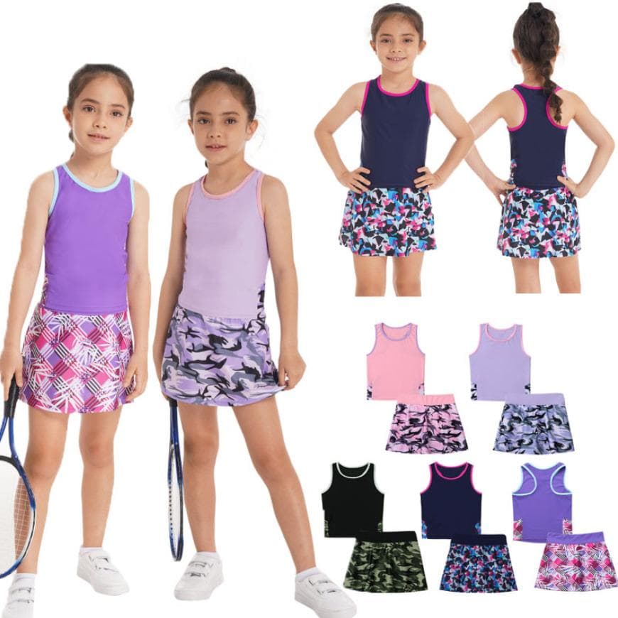 2Pcs Kids Girls Tennis Suit Sleeveless Racer Back T-shirt Top and Elastic Waist Skirt with Built-in Shorts Set for Running Gym Tennis Golf Sportswear