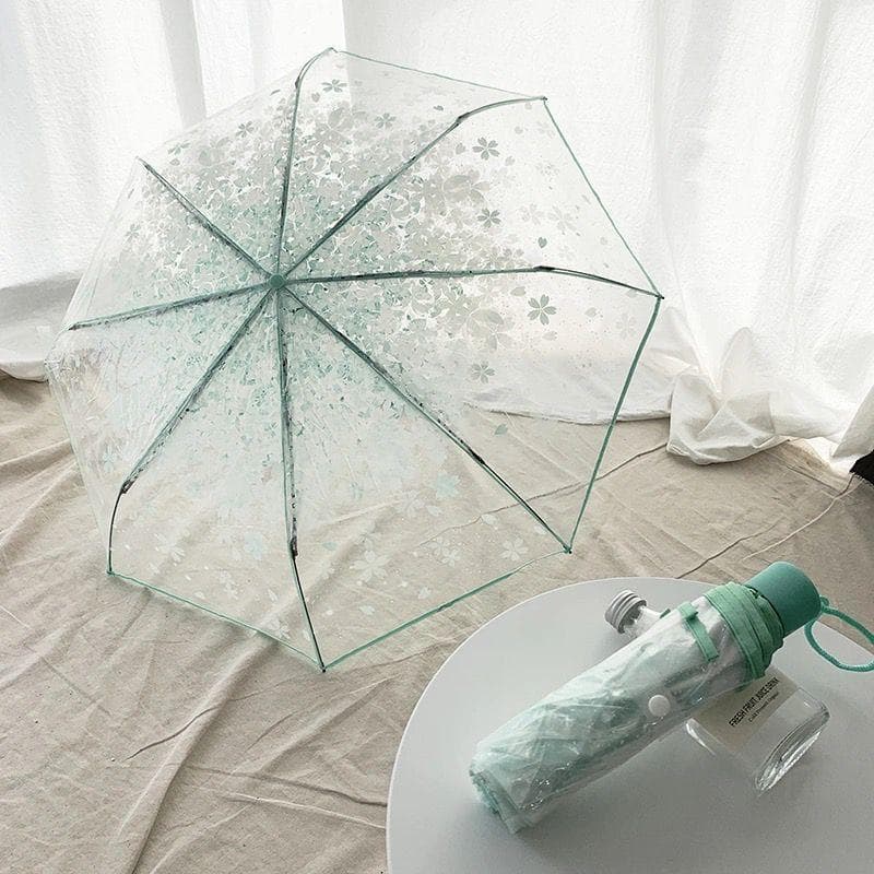 Korean Umbrella Folding Cute Korean Mini Fresh Simple Sen Series Trifold Cherry Blossom Transparent Japanese Umbrella green