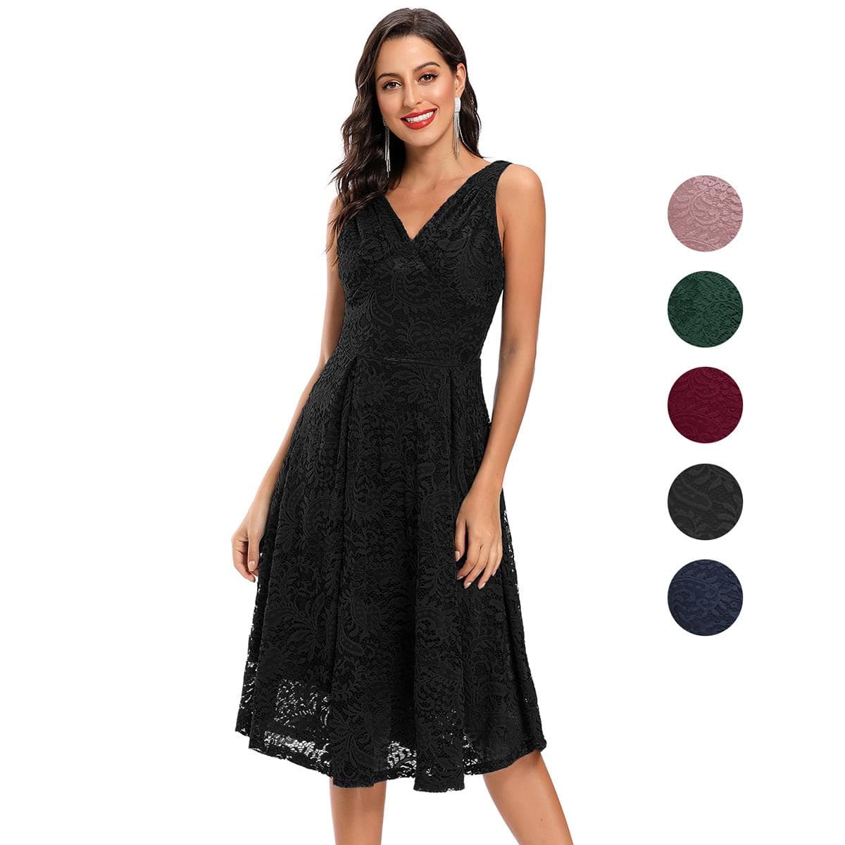 Women's Elegant Vintage Lace Dress V Neck Ruched Bust Cinched Waist Milkmaid Prom Skater Midi Cocktail Evening Party Formal Special Occasion Outfits c