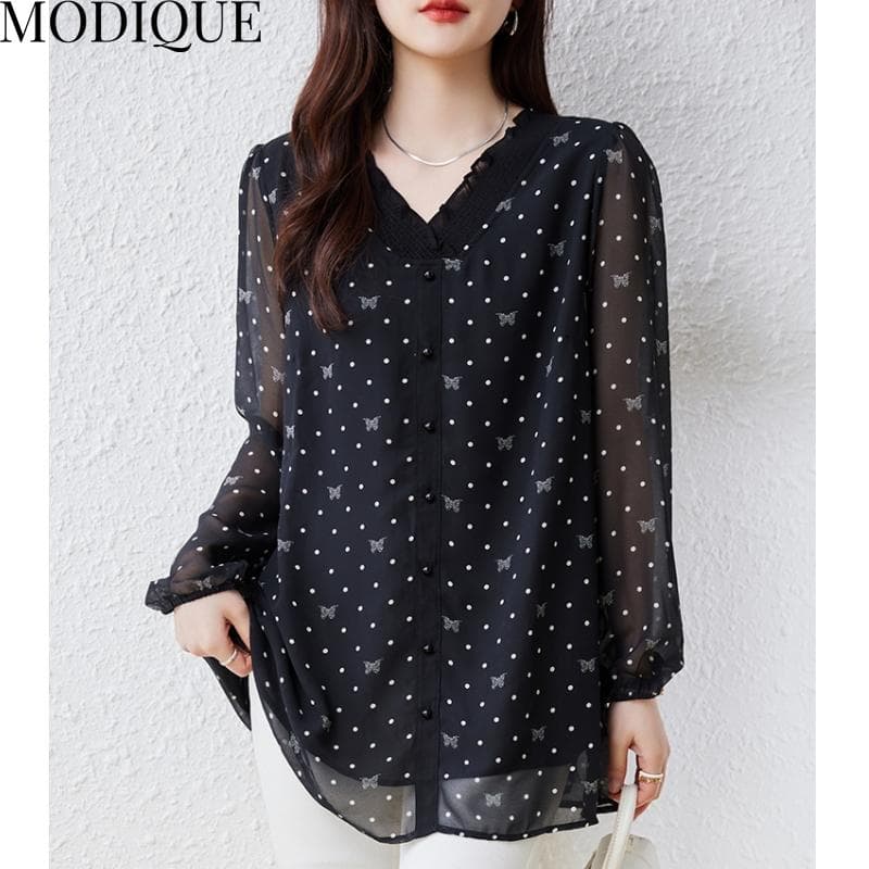 MODIQUE Spring Summer Plus Size New Women Loose Vintage Chiffon Dot Print Blouse Shirts Female Casual Oversize Long Sleeve V-Neck Top cm black