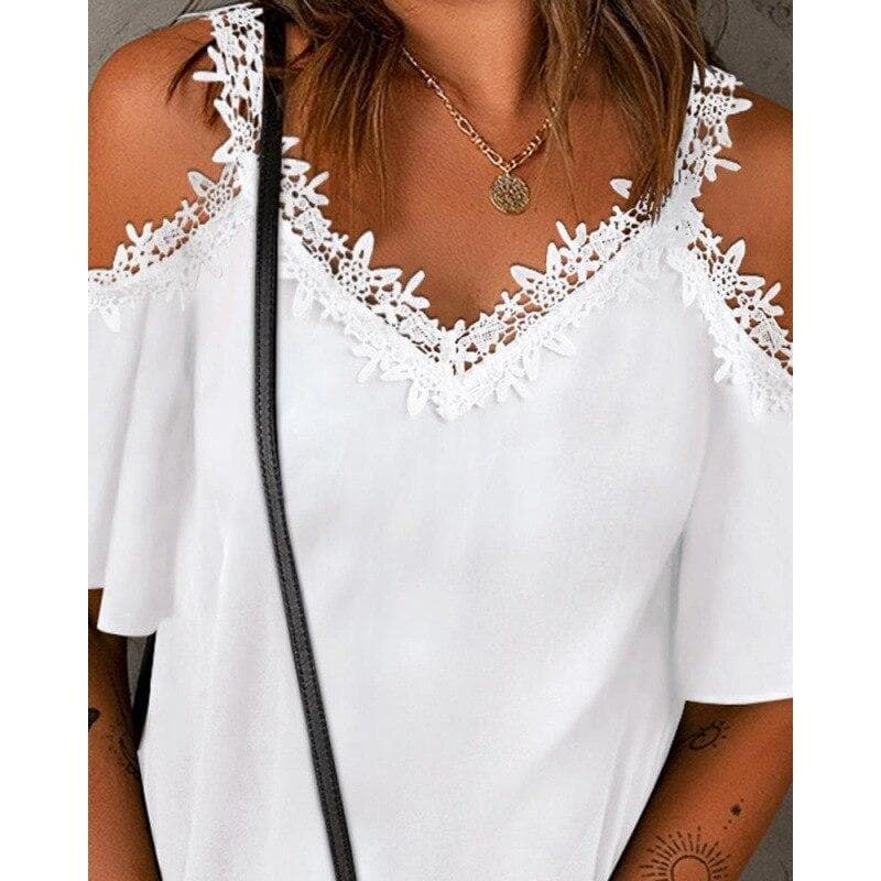 Elegant V-neck Sexy Lace Womens T Shirts Summer White Short Sleeve Tees Off Shoulder T Shirt 2023 Fashion Solid Lady Tops 26353 cm white