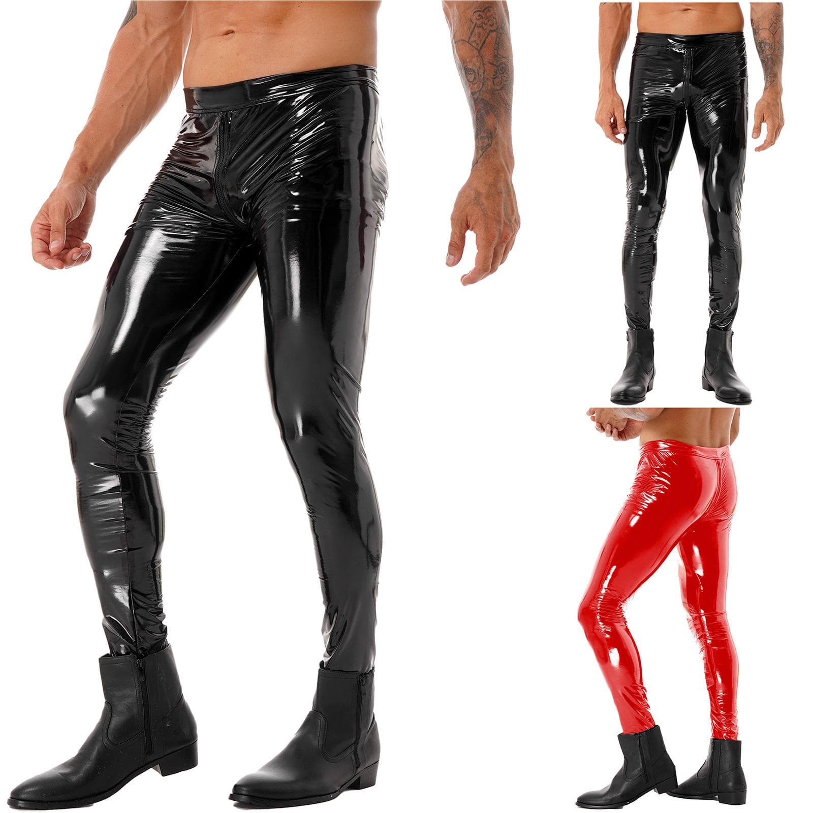 Men's Leggings Wet Look Patent Leather Trousers Tights Two-way Zipper Crotch Pants Stage Performance cm black