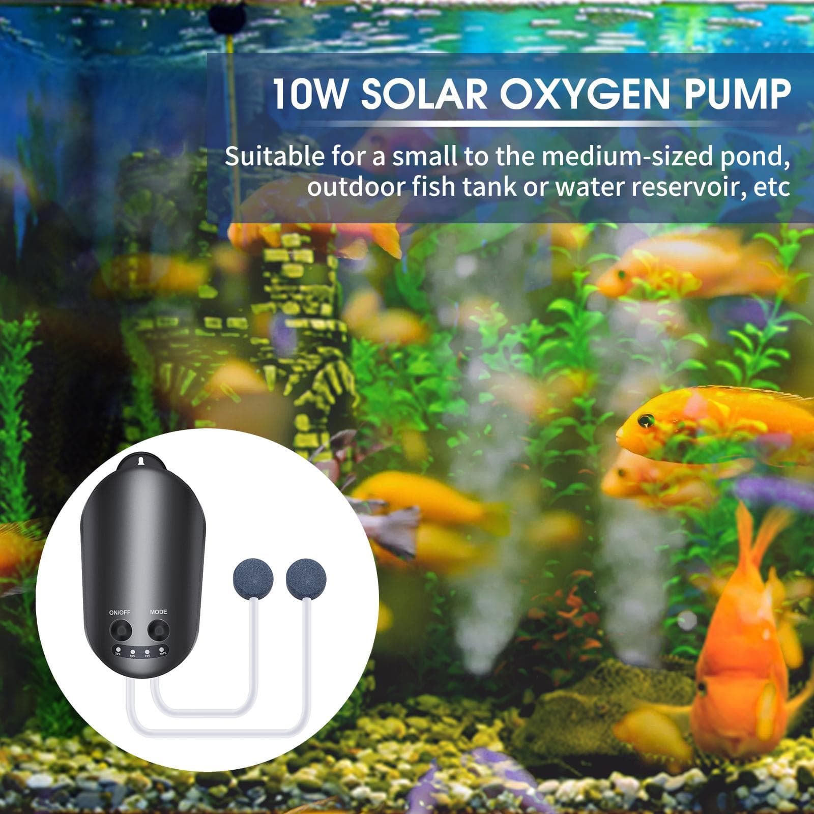 10W Solar Oxygen Pump With Pipe Air Stone Bracket Fish Tank Oxygenator 3 Adjustable Modes Aquarium black