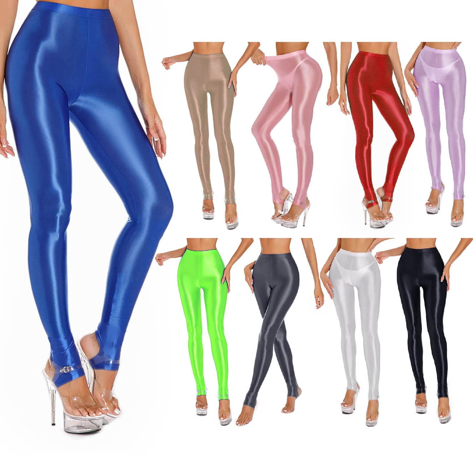 Women's Shiny Glossy Leggings High Waist Skinny Tight Gym Yoga Stirrup Pants cm black