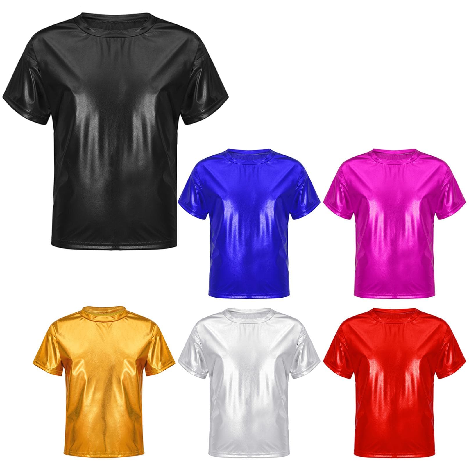 Kids Girls Boys Sparkling Short Sleeve Tops Fashion Round Neck T-shirt Dance Performance Costume cm red