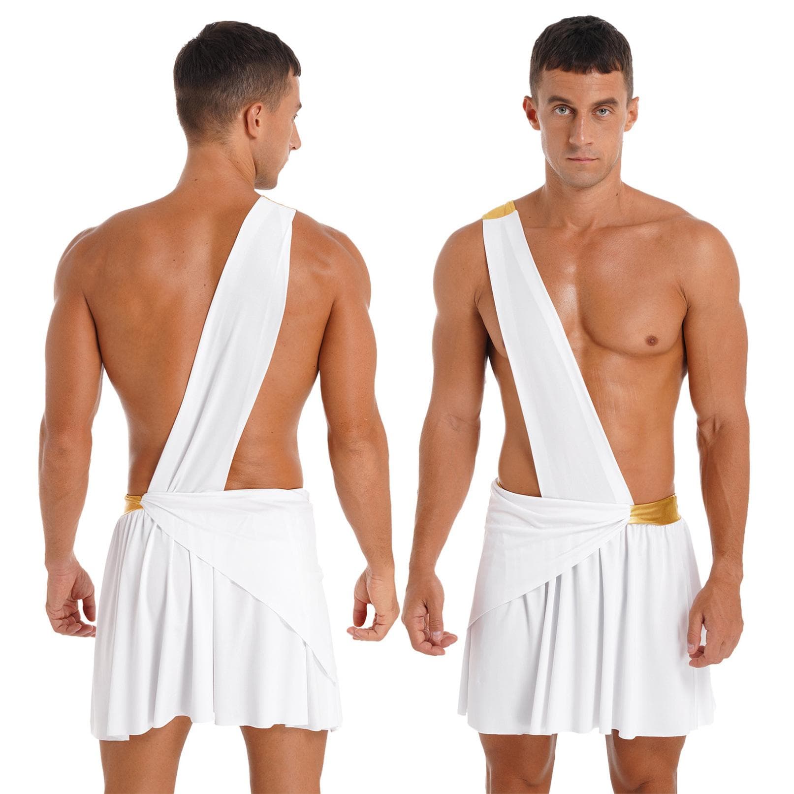 Mens Halloween Theme Party Role Play Costume One Shoulder Strap Contrast Color Waistband Ruffle Skirt cm white
