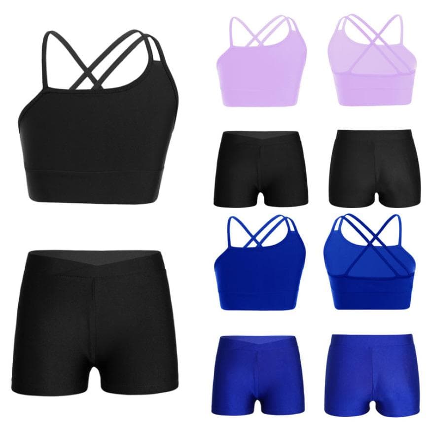 Kids Girls Asymmetrical Strappy Crop Top with V-front Waistband Shorts for Sports Gymnastic Workout cm black