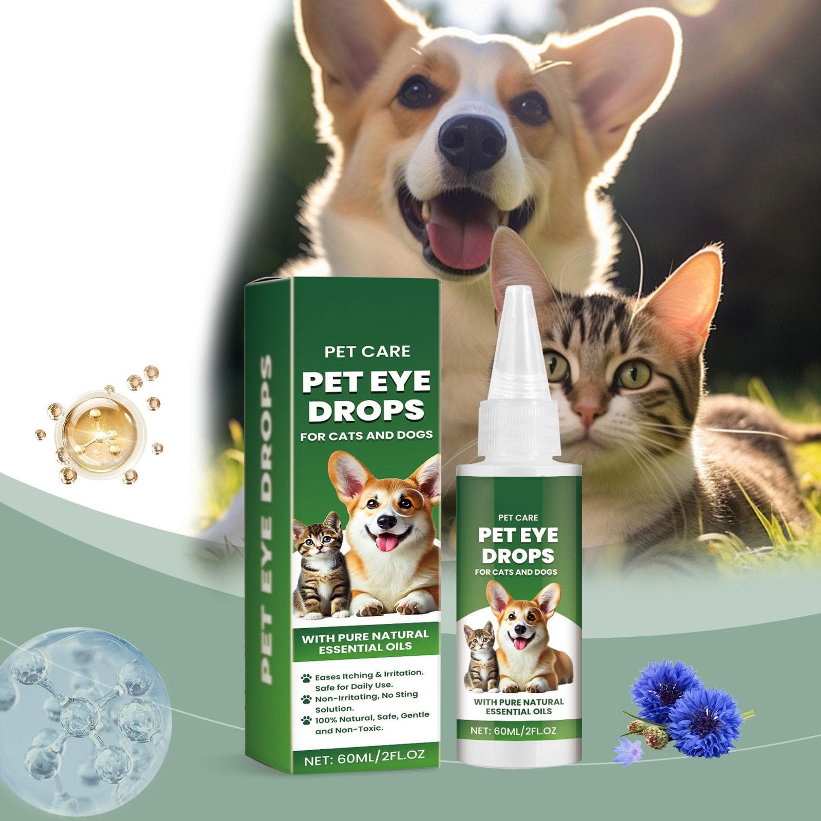 Pet Eye Drops 60ml Dog Tear Stains Removal, Pet Eye Drops, Cat Eye Cleaning Products green