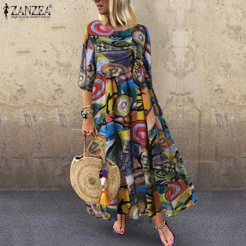 ZANZEA Bohemia Women Floral Print 3/4 Sleeve Casual Long Dress cm green