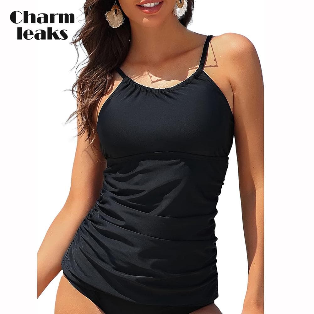 Charmleaks Womens Tankini Tops High Neck Bathing Suit Tops Slim Fit Ruched Swim Tops Only UPF50+ cm blue