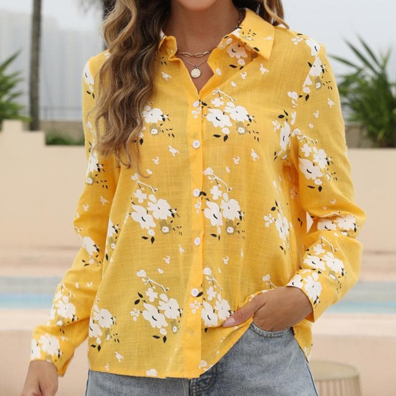 Women Cotton Linen Shirt Turn Down Collar Single Breasted Blouse White Yellow Blue Tops Long Sleeve Floral Printed Shirts cm blue
