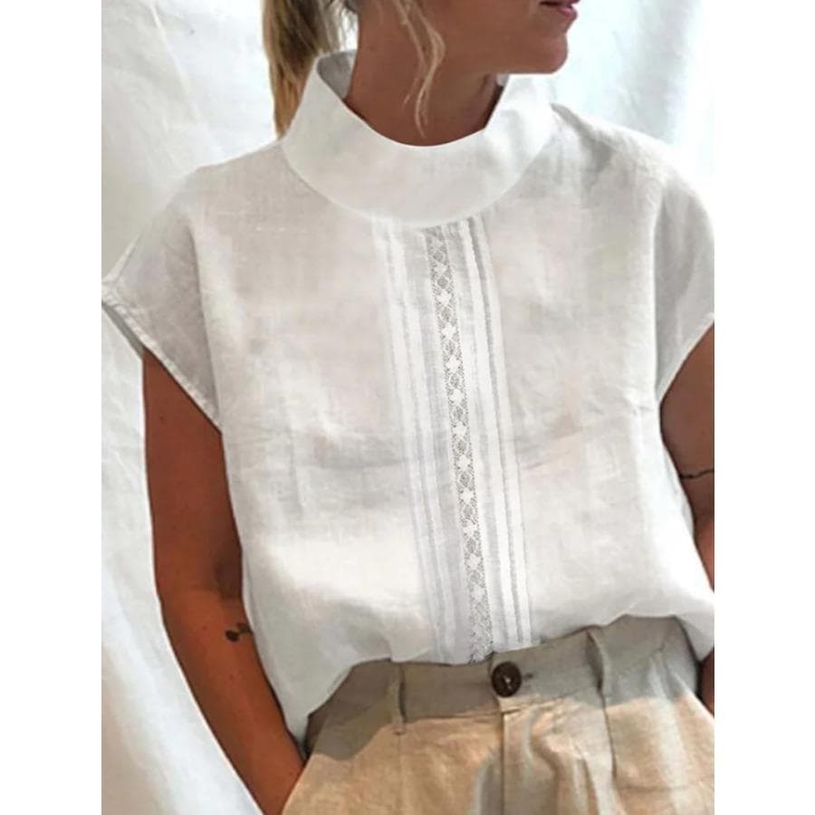 Vintage Summer White Tops Casual Women Cotton Linen Blouses Leisure Stand Collar Blouse cm white