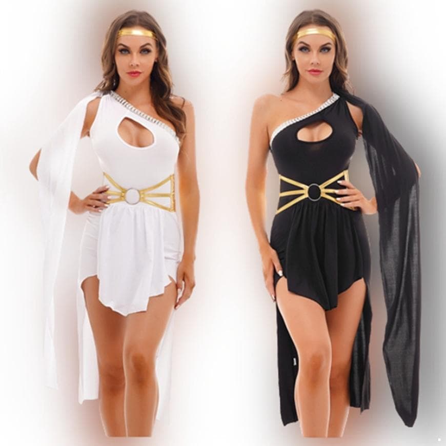 Womens Greek God Costume Halloween Carnival Party Cosplay Role Play Dress One Shoulder Dress with Headwear for Stage Performance cm white