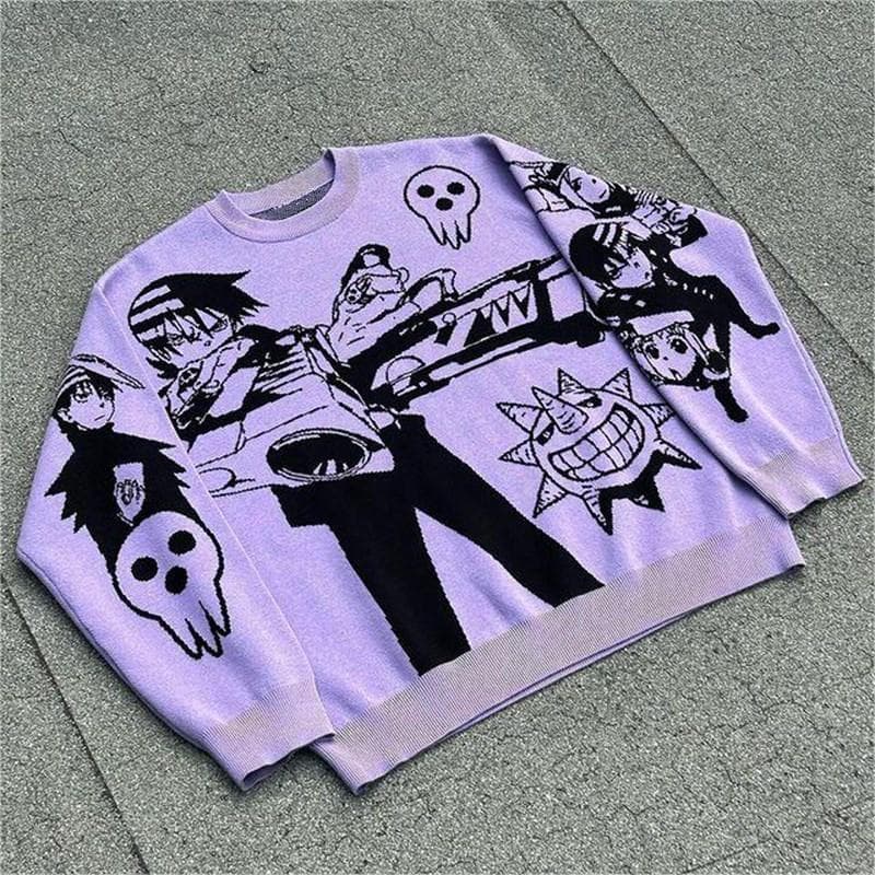 Y2K Harajuku Pullover Women's Winter Aesthetics Knitted Embroidery Anime Pattern Sweater Street Style Couple Top cm black