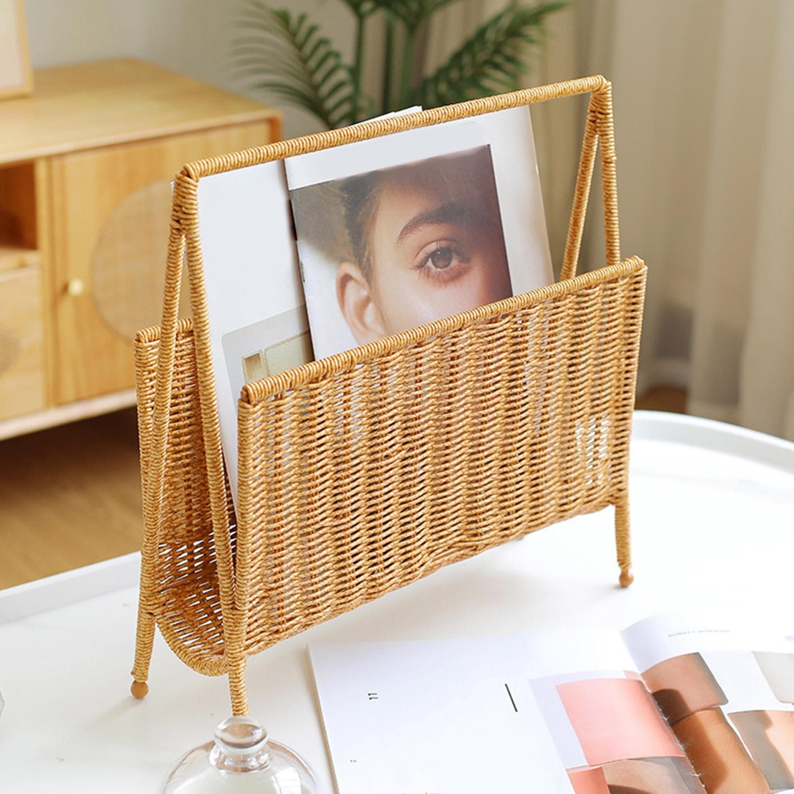 Handwoven Rattan Magazine Holder Practical Light Brown Magazine Organizers Sturdy Artificial Rattan Storage Stand