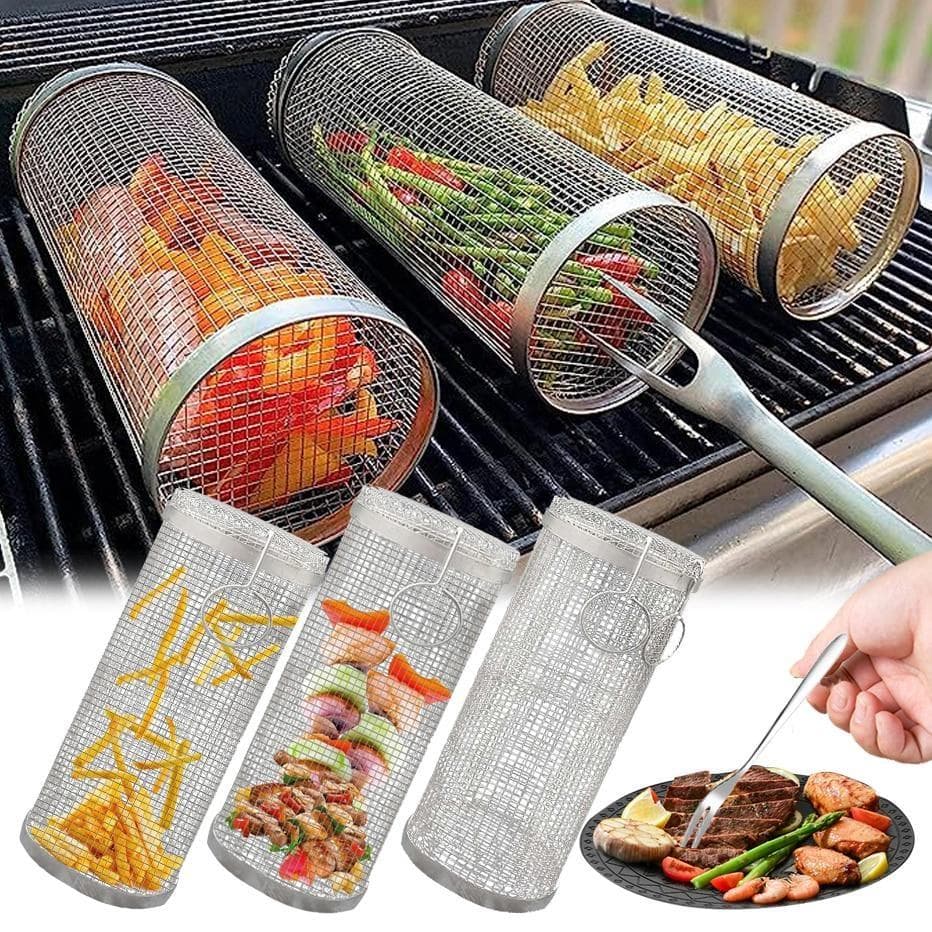 1PCS Rolling Grilling Basket Stainless Steel BBQ Basket Outdoor Camping French Fries Fish Portable And Easy To Clean silver