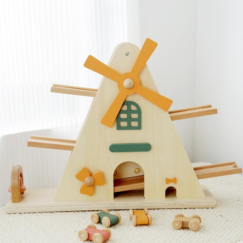 Young children Nordic wind wooden windmill track glide car exercise baby hand-eye coordination mini pull-back car toy