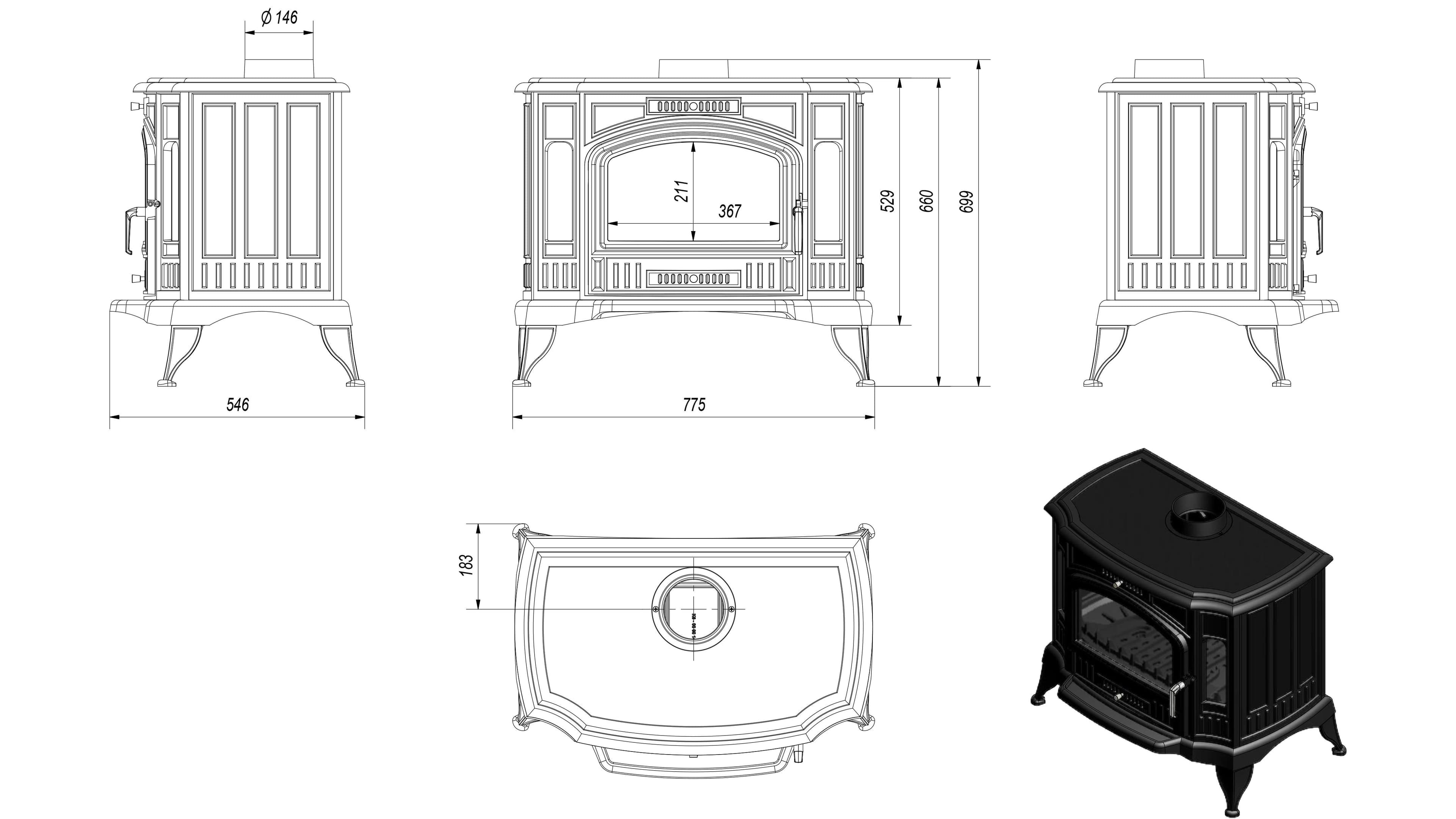 Wood burning cast iron stove KRATKI K9 Ø 150 9 kW with accessories black