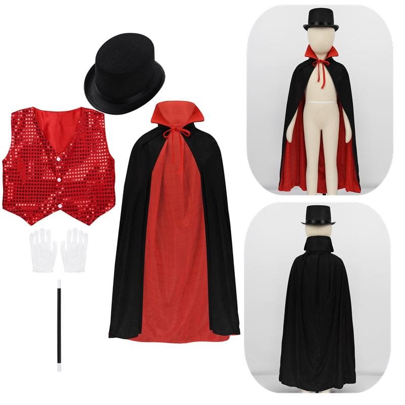 Kids Costume Outfit Waistcoat Cape Hat Magic Wand Gloves Sets Magician Role Play Choir Dance Costumes cm red