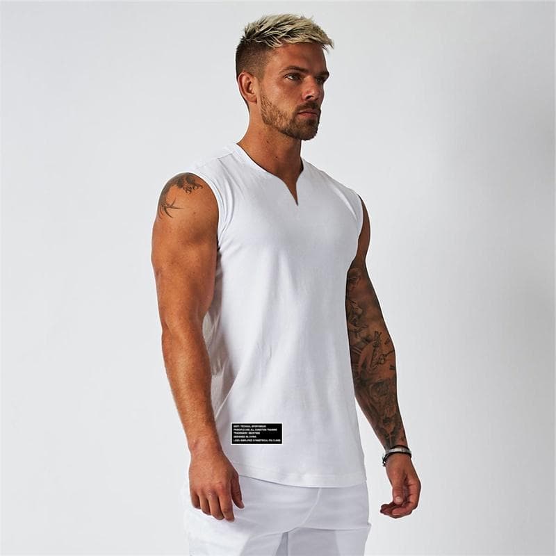 Men's Sportswear Sleeveless T-shirt Men's Workout Cotton V-neck  Printed Tank tops  Fitness and GYM Clothing Muscle Vest cm red