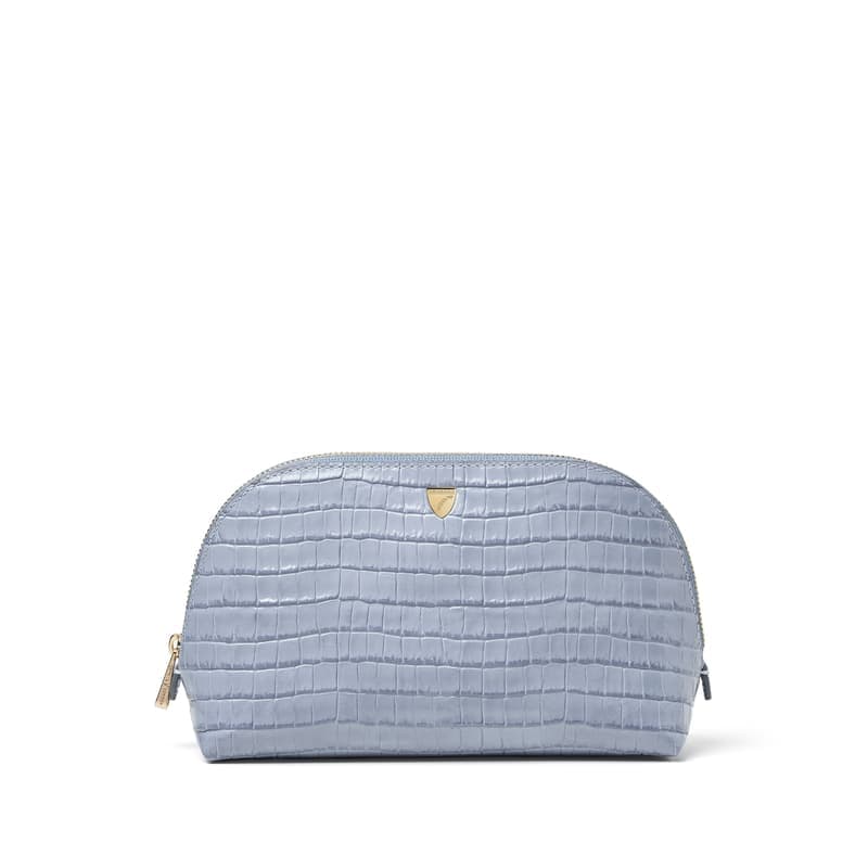 Aspinal of London Classic Makeup Case in Deep Shine Sky Blue Small Croc