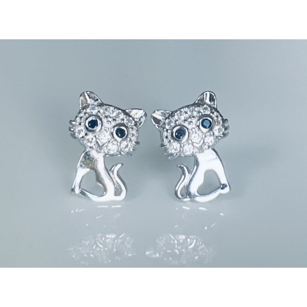 Faith Sterling Silver Sterling Silver Kids Open Heart Body with CZ Head & Black CZ Eyes Cat Stud Earrings 10x7mm